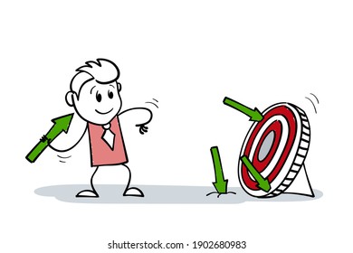 Cartoon stick man drawing illustration of businessman shoots arrows at target and misses. Stickman smiling at difficulties and does not lose hope. Concept of motivation, determination andsuccess.