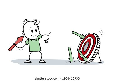 Cartoon stick man drawing illustration of smiling man shoots arrows at target and misses. Stick figure man does not lose hope. Business concept of target accomplishment, motivation and success. EPS 10