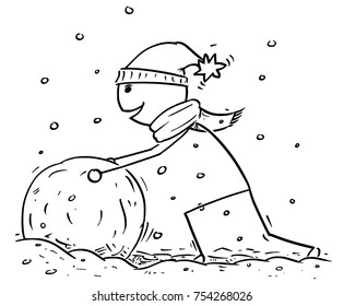 Cartoon stick man drawing illustration of man making large snowball for snowman during winter snowfall.