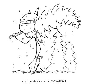Cartoon stick man drawing illustration of man with saw carrying small tree from forest in snowfall for Christmas.