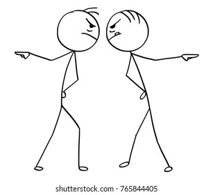 Cartoon stick man drawing illustration of two angry man pointing their hands in opposite different directions