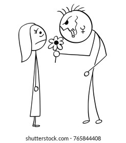 Cartoon stick man drawing illustration of young woman surprised on date with ugly dangerous punk mohawk hairstyle man with flower and cigar.