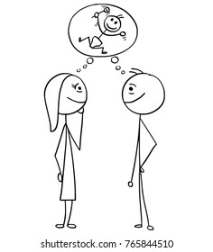 Cartoon stick man drawing illustration of  man and woman thinking planning together to have a baby infant.