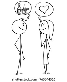 Cartoon stick man drawing illustration of difference between man and woman talking about alcohol drink drinking and love heart symbol.