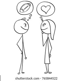 Cartoon stick man drawing illustration of difference between man and woman talking about football sport ball and love heart symbol.