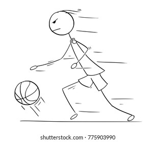 Cartoon Stick Man Drawing Illustration Of Basketball Player Running And Dribbling With Ball.