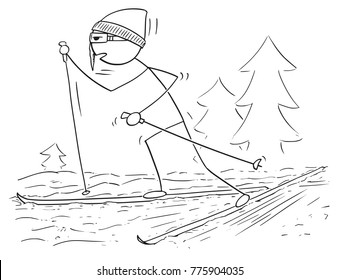 Cartoon stick man drawing illustration of male cross country skiing in cold winter sport.