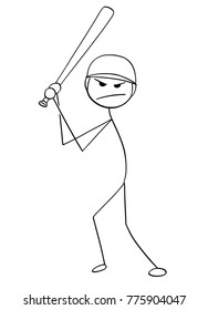 Cartoon stick man drawing illustration of male baseball player batter.