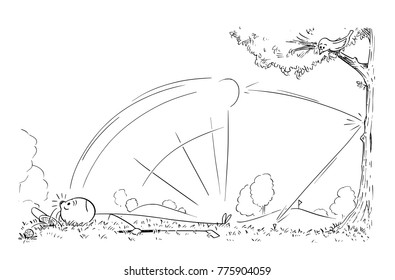 Cartoon stick man drawing illustration of male golf player who was hit or struck in to head by his own rebounded bounce ball.