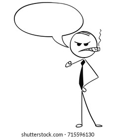 Cartoon stick man illustration of angry grumpy business man businessman boss with empty speech bubble smoking cigar and hand pointing.