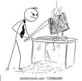 Cartoon stick man illustration of angry businessman destroying smashing computer with baseball bat.