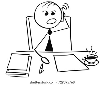 Cartoon stick man illustration of angry businessman manager boss using mobile phone to call.