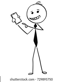 Cartoon stick man illustration of businessman pointing hand finger on mobile phone cell device.