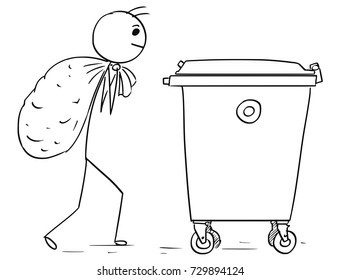 Cartoon stick man illustration of man carry large bag of waste to throw it in to waste container dumpster.