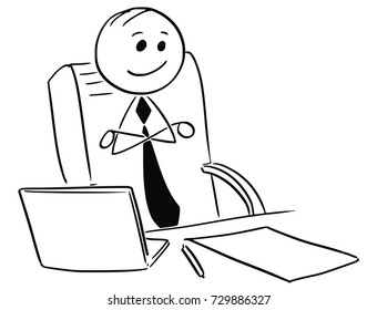 Cartoon stick man illustration of  happy satisfied contented businessman or boss or manager sitting in office with arms crossed.