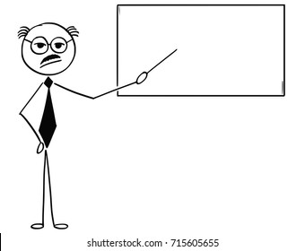 Cartoon stick man illustration of old bald and mustache business man businessman teacher professor pointing at empty sign or board. 