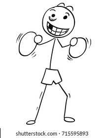 Cartoon stick man illustration of smiling man boxer in box pose with boxing gloves.