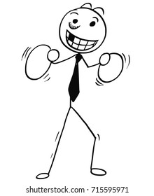 Cartoon stick man illustration of smiling business man businessman with in box pose with boxing gloves.