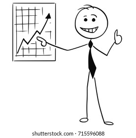 Cartoon stick man illustration of smiling business man businessman pointing at wall graph chart and thumb up.
