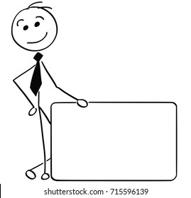 Cartoon Stick Man Illustration Of Smiling Business Man Businessman Holding Empty Sign.