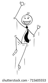 Cartoon stick man illustration of smiling happy business man businessman jumping for joy.