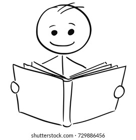 Cartoon Stick Man Illustration Of Smiling Boy Or Man Reading A Book.