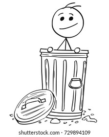 Cartoon stick man illustration of smiling man poking out of the dustbin garbage can.