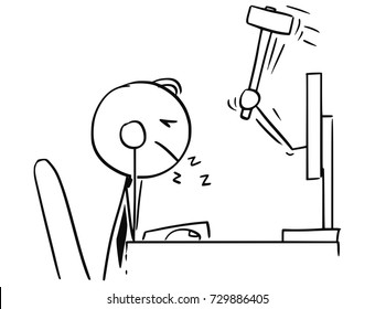 Cartoon stick man illustration of tired sleeping businessman or clerk working on computer and wake up from computer conceptual concept.