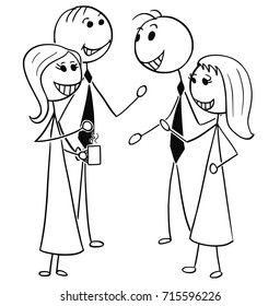 Cartoon stick man illustration of two men and women pairs business people talking or chatting.