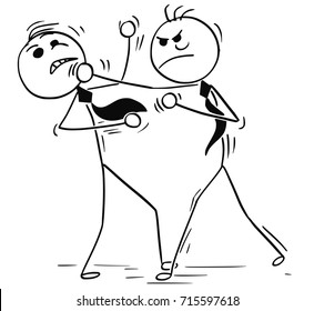 Cartoon stick man illustration of two business men fighting boxing punching each other.