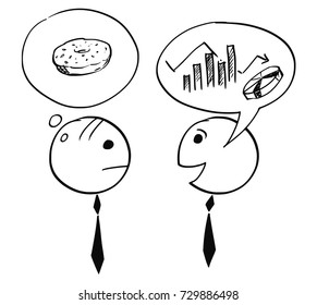 Cartoon stick man illustration of two businessman, one talking about chart and graph, second thinking about donut doughnut break.