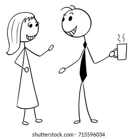 Cartoon stick man illustration of man and woman pair business people talking or chatting.