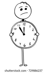 Cartoon stick man illustration of worried businessman holding big or large watch or wall clock.