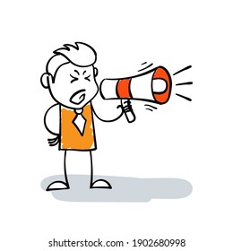 Cartoon Stick man shouting or screaming in loudspeaker. Stick figure drawing angry businessman yelling through megaphone. Stickman using megaphone to talk with other. Leadership and marketing concept.