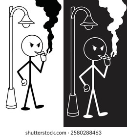 cartoon stick man smoking cigarette and standing next to a street lamp