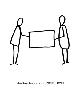 A cartoon stick people holding a signboard