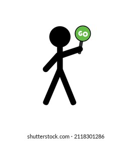 cartoon stick person carrying GO sign