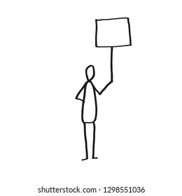 A cartoon stick person holding a signboard 