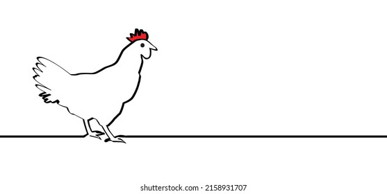 Cartoon stick rooster or hen line pattern. Vector cock logo, Chicken silhouette with red crest or scallop. roosters icon or pictogram. two-legged creatures. chicks animal farm. Side-view portrait.