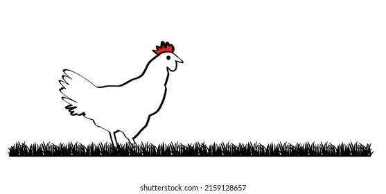 Cartoon stick rooster or hen line pattern. Vector cock logo, Chicken silhouette with red crest or scallop. roosters icon or pictogram. two-legged creatures. chicks animal farm. Side-view portrait.