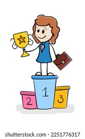 Cartoon stick woman standing on podium and holding trophy cup for winner. First place. Champion win. Golden victory reward cup. Businesswoman is happy and won prize. Concept of success and career.