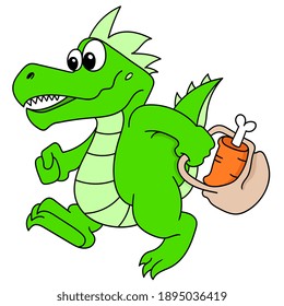 cartoon sticker of an alligator walking home from shopping for meat, character cute doodle draw. vector illustration