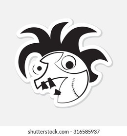 cartoon sticker - annoyed face, black and white drawing, contour, eyes, three teeth and afro hair with shadow on a white background, abstract illustration
