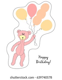 Cartoon sticker with bear and balloons on white background. Vector illustration.