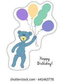 Cartoon sticker with bear and balloons on white background. Vector illustration.