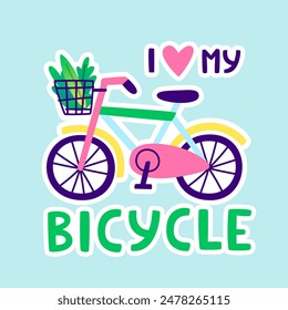 Cartoon sticker with bicycle and lettering. Cute abstract vector bike with basket and text.