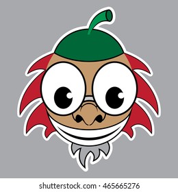 cartoon sticker - brown acorn with green cap, red hair, beard and glasses on a gray background