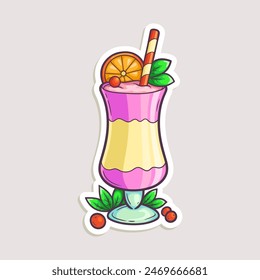 Cartoon sticker for cafe food design. Vector hand-drawn illustration of pink cocktail with mint leaves isolated on white.