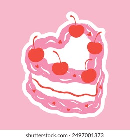 Cartoon sticker of cake with cherry, heart shape, retro 90s style. Trendy vintage pink girls illustration