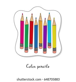 Cartoon sticker with colour pencils for drawing on white background. Vector illustration.